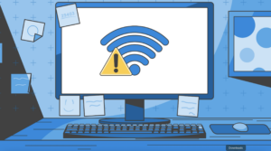 Illustration of Wi-Fi warning on computer screen representing network risks in coworking spaces
